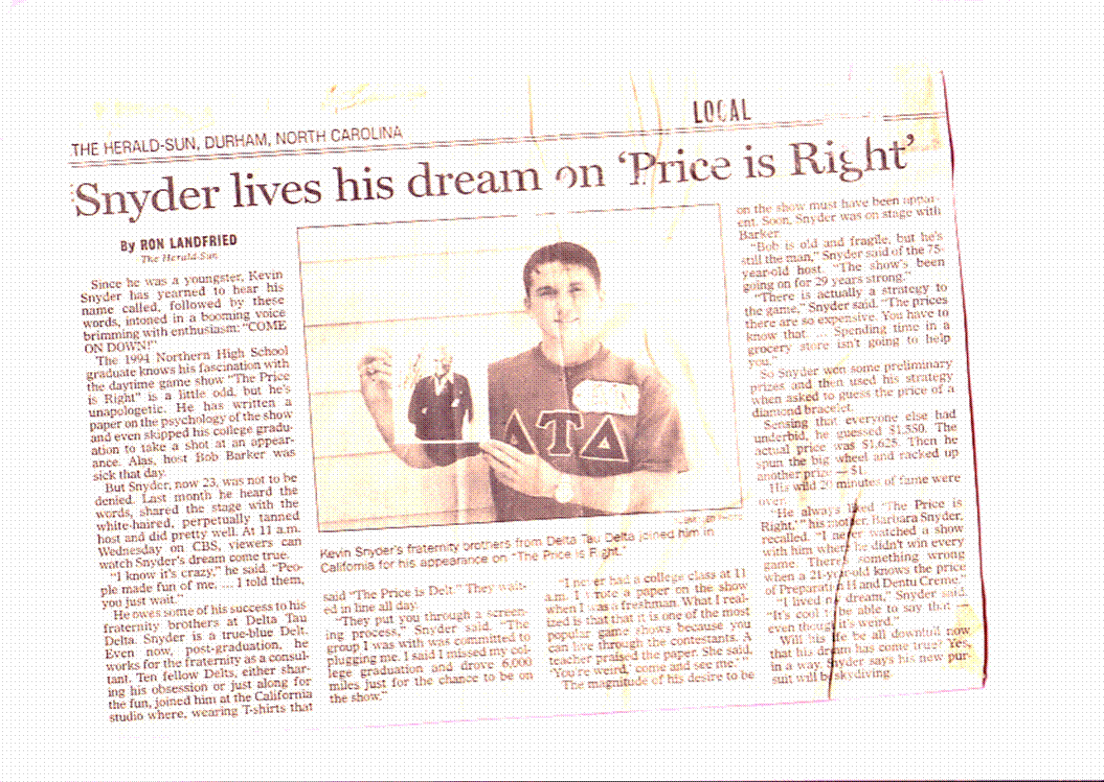 Newspaper clipping: Snyder lives his dream on The Price is Right